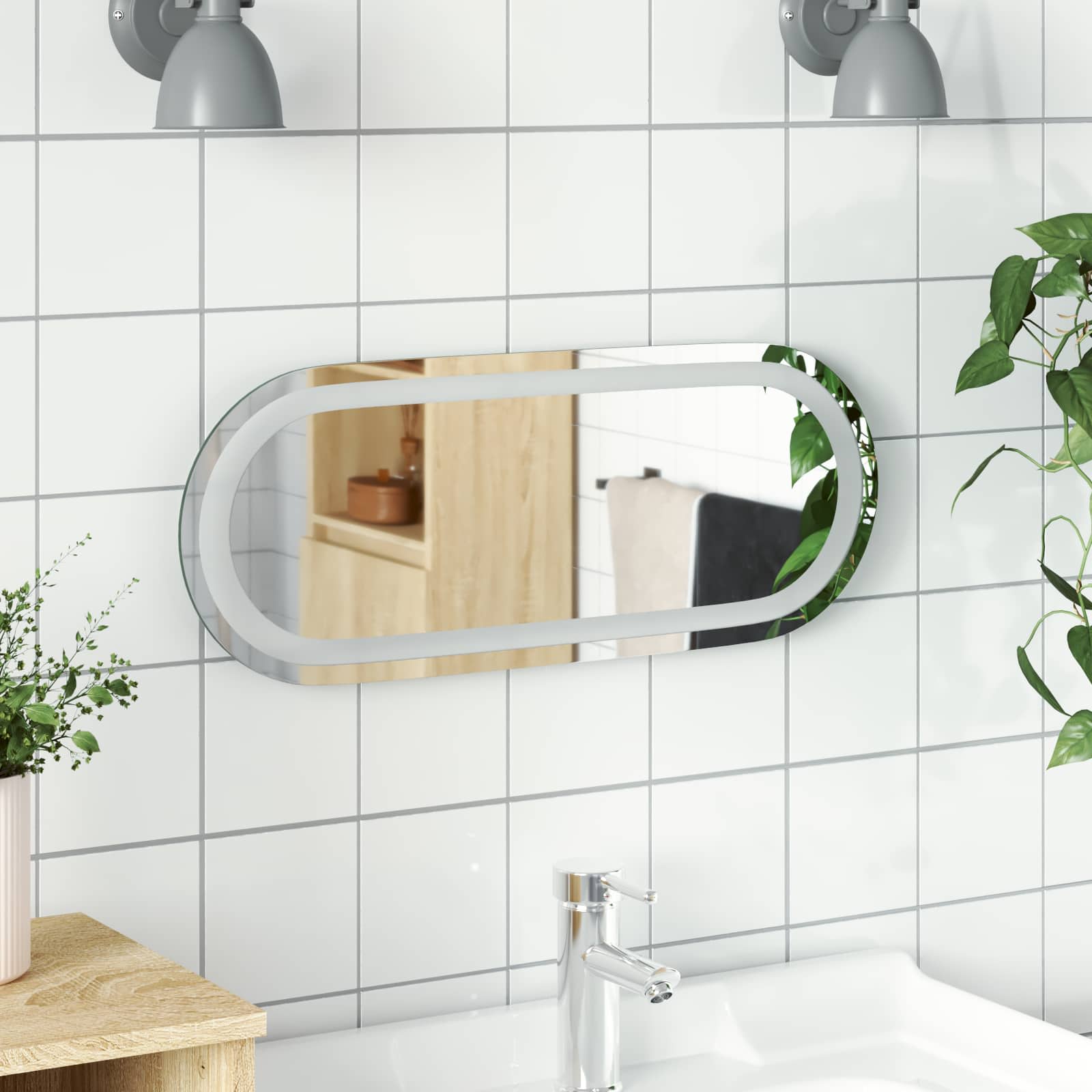 42045850_1.jpg vidaXL Zrkadlo do kúpeľne s LED Priehľadná 50 x 20 cm tvrdené sklo – Obrázok 1