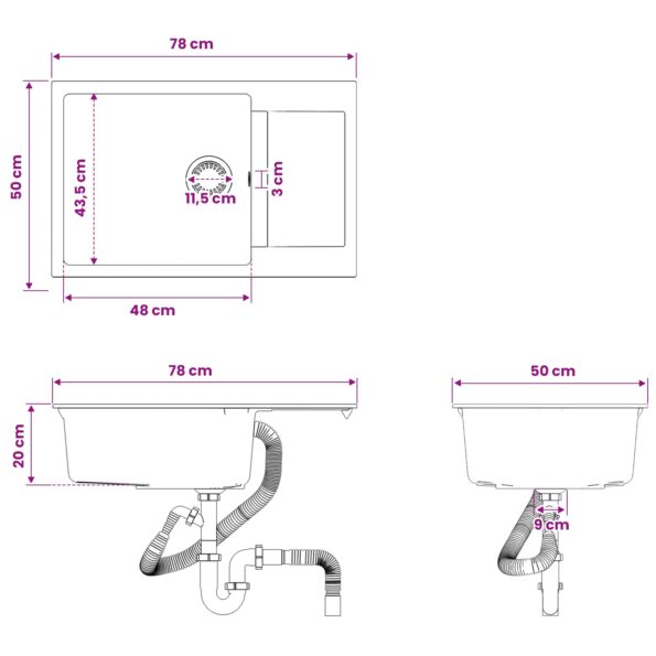 vidaXL Kuchynský jednodrez Žula 78 x 50 x 20 cm Grafitová – Obrázok 8