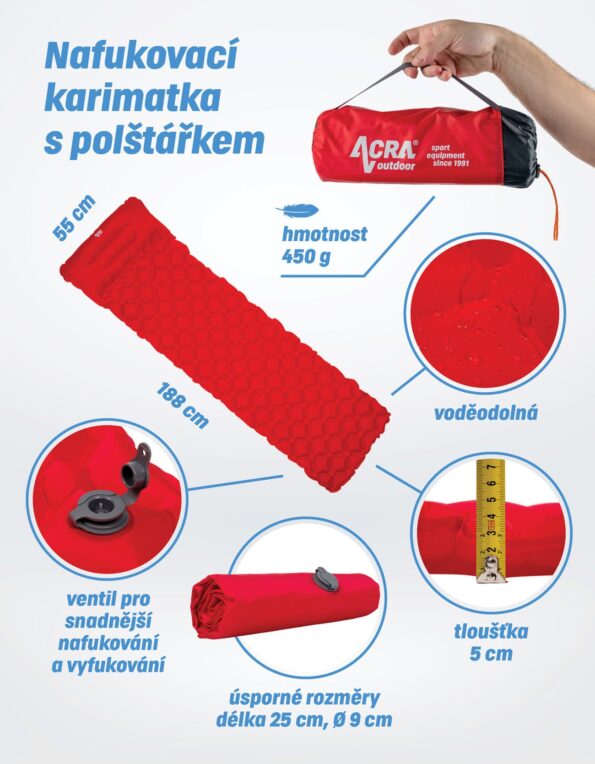 Karimatka Acra L48-CRV nafukovacia, červená – Obrázok 2