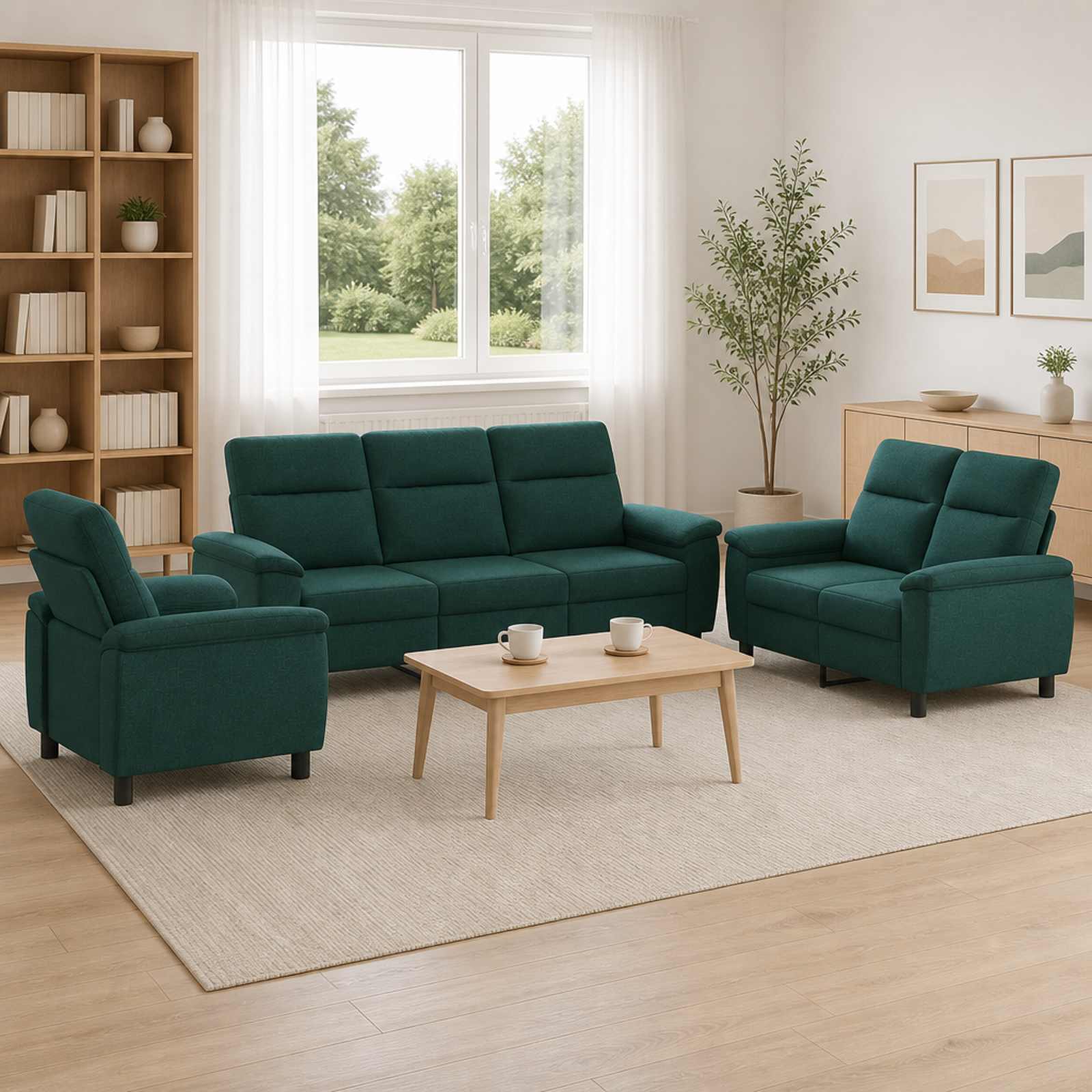 3430671_1.jpg vidaXL Sada pohoviek 3 pcs Tmavozelená Látka – Obrázok 1